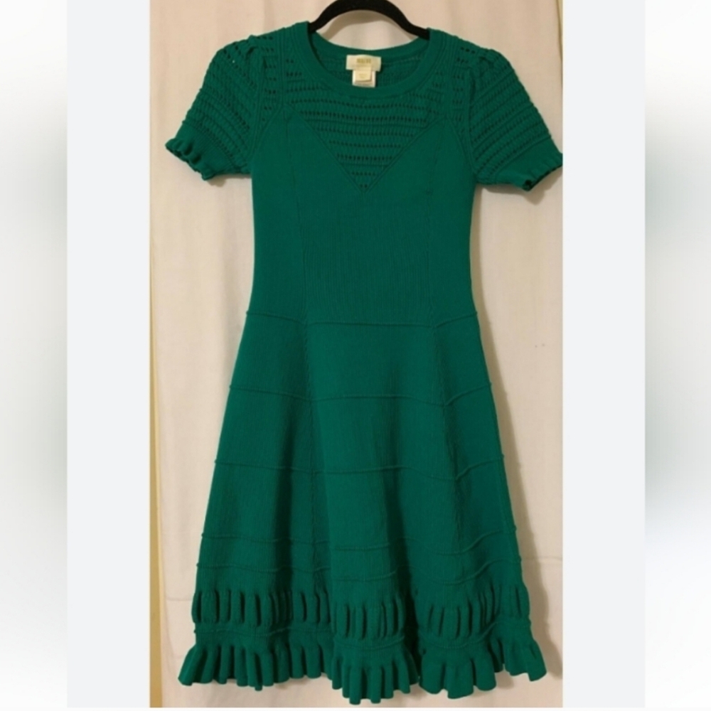 Anthropologie Maeve Knit Dress Women Smerald Green SzXS Ruffle Knit - Picture 12 of 13
